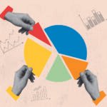 Collage, business concept. Composition with human hands control, taking pieces of muclticolored diagram isolated on light background.